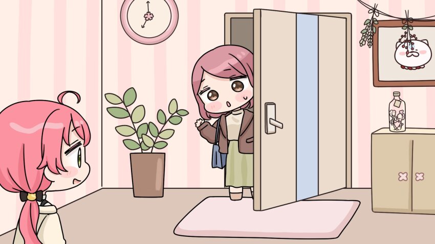 2girls :d ahoge bag black_bow blush_stickers bow brown_eyes brown_hair brown_jacket brown_shirt brown_socks carpet chibi clock commentary_request green_eyes green_skirt hair_bow head_tilt highres hololive indoors jacket long_hair long_sleeves low_twintails mochimiko mother_and_daughter multiple_girls no_shoes open_clothes open_door open_jacket open_mouth parted_lips pink_hair plant potted_plant puffy_long_sleeves puffy_sleeves sakura_miko shirt skirt small_sweatdrop smile socks sweat swept_bangs twintails very_long_hair virtual_youtuber wall_clock white_shirt