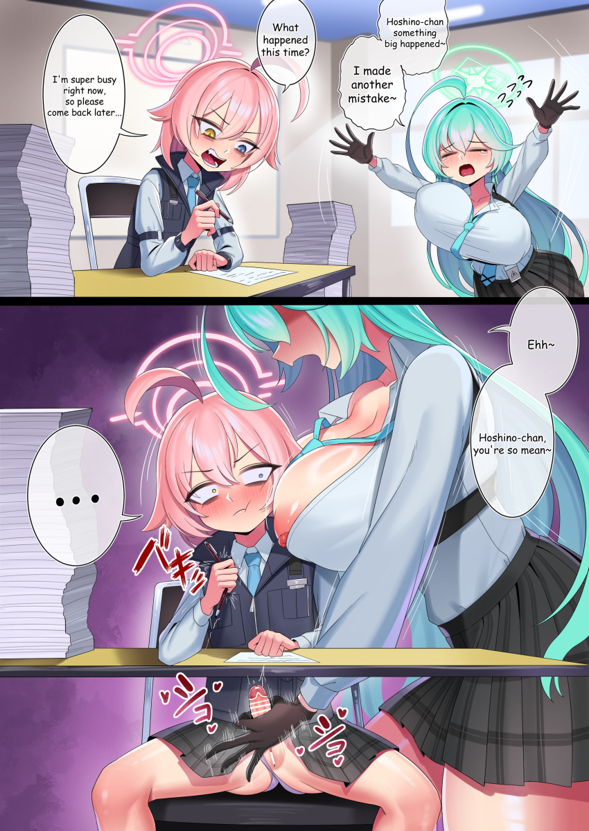 1futa 1girl absurdres alternate_costume antenna_hair aqua_hair aqua_necktie b-tsukael bar_censor blue_archive breasts censored chest_harness english_text erection fang flat_chest futa_with_female futanari halo harness heterochromia highres hoshino_(blue_archive) hoshino_(first_year)_(blue_archive) large_breasts loli long_hair necktie nipples no_testicles penis pink_hair pink_halo short_hair small_penis speech_bubble spread_legs thick_thighs thighs yume_(blue_archive)