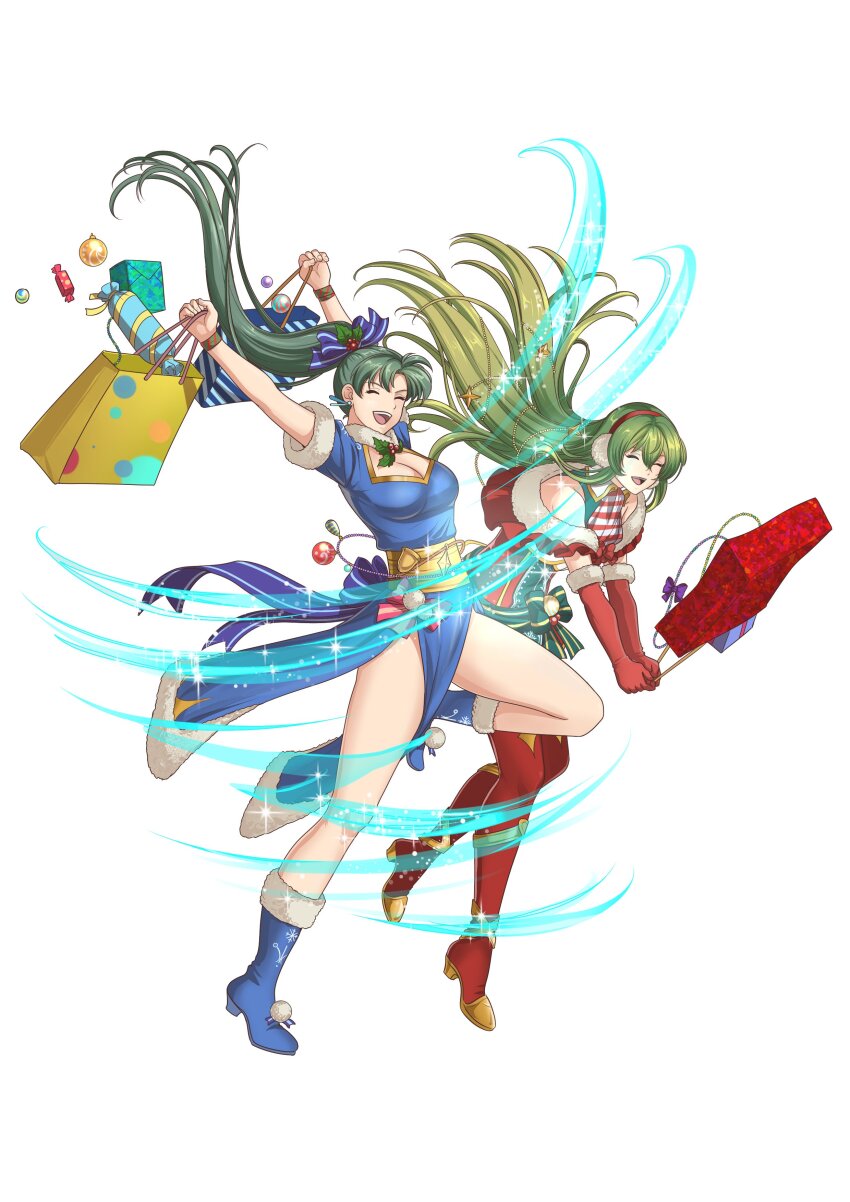 2girls absurdres arms_up autumn-sacura bag blue_shoes boots box breasts christmas cleavage cleavage_cutout closed_eyes clothing_cutout elbow_gloves erinys_(fire_emblem) fire_emblem fire_emblem:_the_blazing_blade fire_emblem_heroes fur_trim gift gift_box gloves green_hair highres long_hair lyn_(fire_emblem) multiple_girls nintendo open_mouth ponytail red_gloves second-party_source shoes shopping_bag side_slit smile thigh_boots