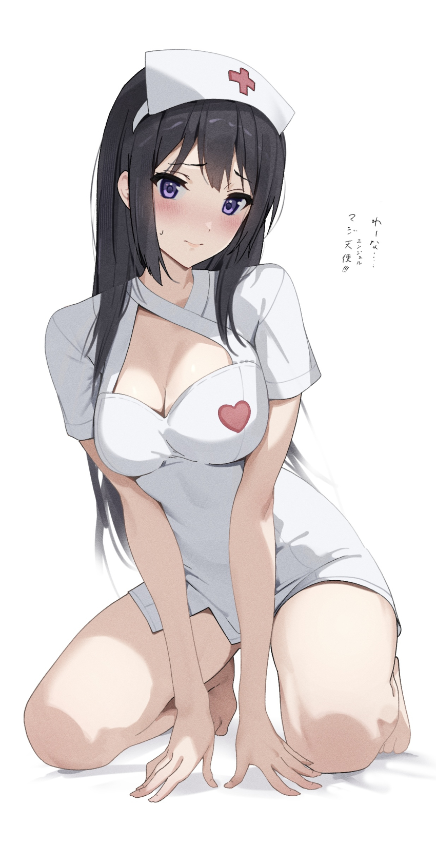 1girl black_hair blush breasts cleavage closed_mouth commentary_request cross full_body hat hibike!_euphonium highres kneeling kousaka_reina lie_lack1080 long_hair looking_at_viewer medium_breasts nurse nurse_cap purple_eyes red_cross revision simple_background solo white_background