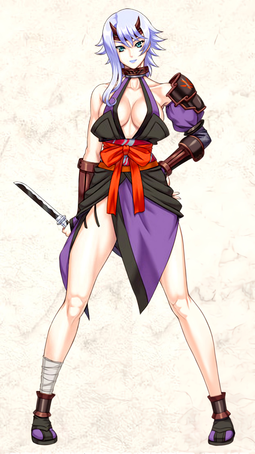 1girl bandages bare_shoulders breasts cleavage dagger eiwa female_focus grey_eyes highres knife light_purple_hair lipstick long_hair makeup panties queen&#039;s_blade rin-sin shizuka_(queen&#039;s_blade) side-tie_panties solo standing underwear weapon