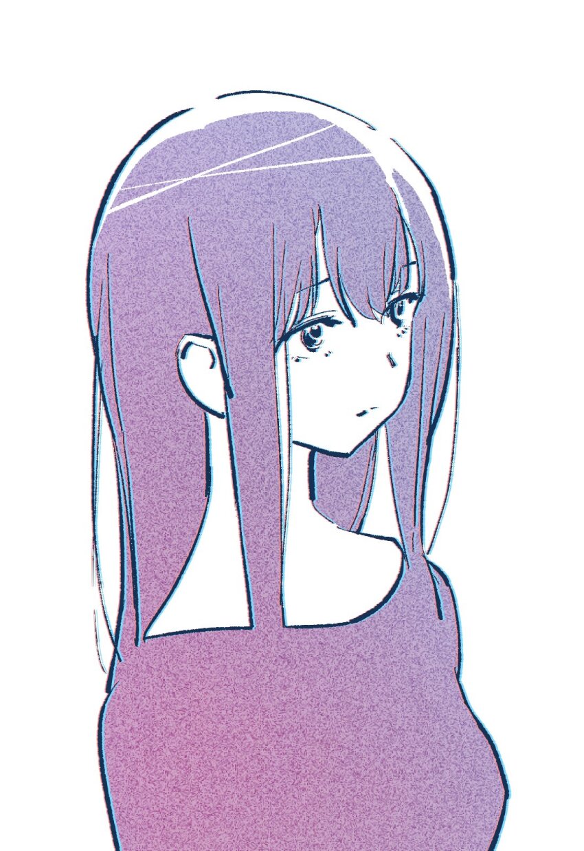 1girl closed_mouth film_grain gujou_kanade highres kamiina_botan_yoeru_sugata_wa_yuri_no_hana long_hair nazo_no_anime-dan purple_hair purple_shirt shirt solo upper_body