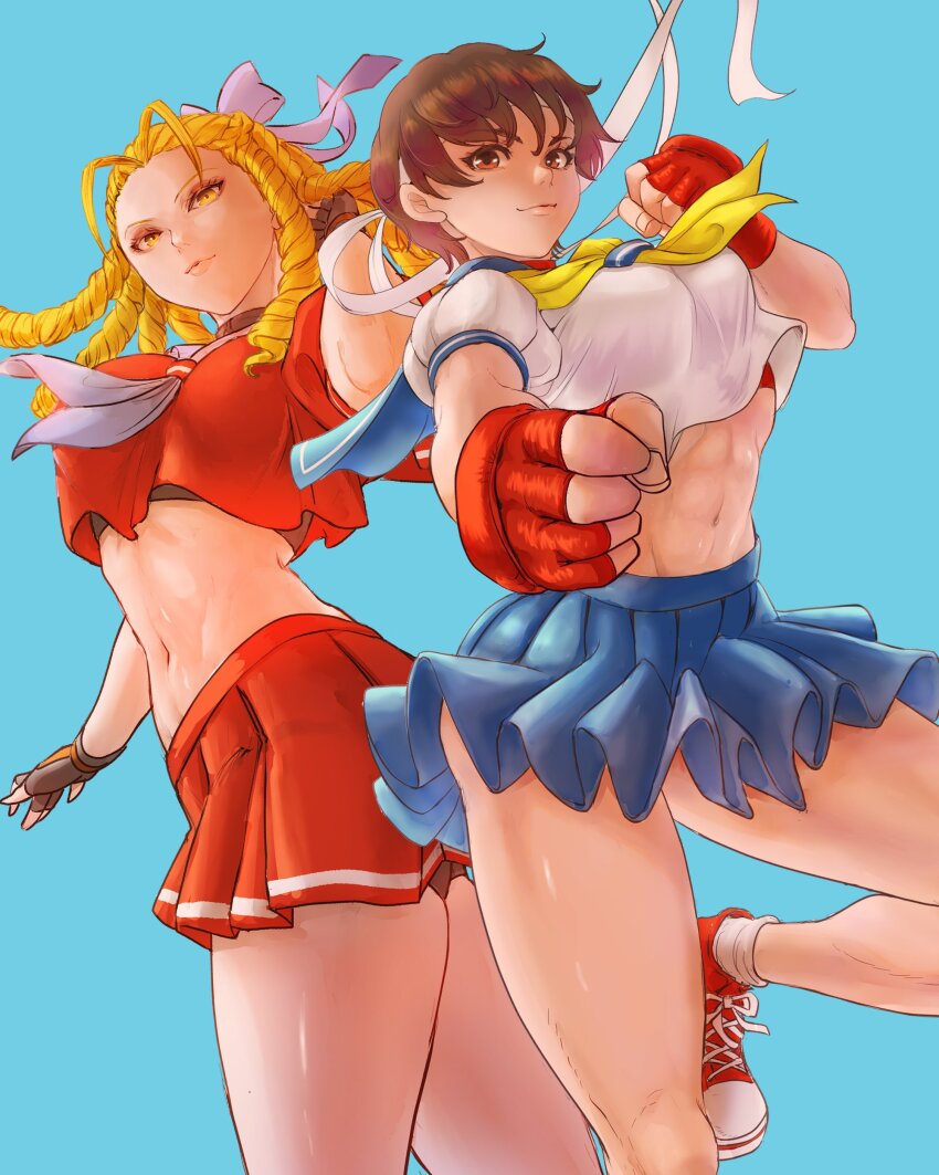 2girls abs absurdres black_gloves blonde_hair blue_skirt bow breasts brown_hair clenched_hand closed_mouth fingerless_gloves gloves hair_bow highres kanzuki_karin kasugano_sakura long_hair mayonakadays medium_breasts midriff miniskirt multiple_girls navel red_gloves red_serafuku red_skirt ringlets school_uniform serafuku shoes short_hair skirt sneakers street_fighter street_fighter_zero_(series) thighs