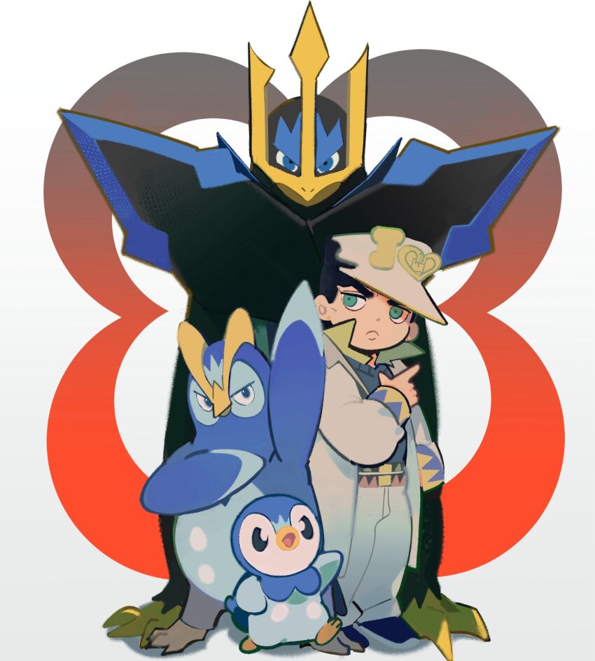 1boy black_hair closed_mouth coat crossover diamond_wa_kudakenai empoleon evolutionary_line full_body gen_4_pokemon green_eyes hat highres jojo_no_kimyou_na_bouken kuujou_joutarou looking_at_viewer nintendo pants piplup pokemon pokemon_(creature) prinplup standing white_background white_coat white_hat white_pants windylie