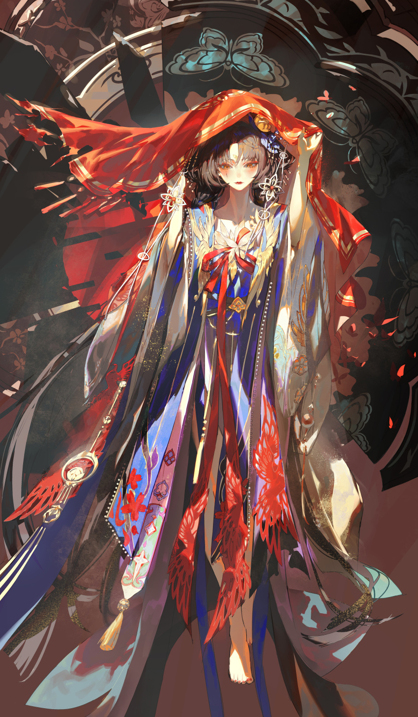 1girl absurdres barefoot brown_hair chinese_clothes chinese_commentary closed_mouth commentary_request dahan_jax dress facial_mark hair_ornament hanfu highres honggaitou multicolored_dress nail_polish official_alternate_costume onmyoji_arena parted_bangs red_eyes red_lips red_nails red_ribbon red_veil ribbon ruqun shiranui_(onmyoji) solo straight-on toenail_polish toenails veil veil_lift wide_sleeves