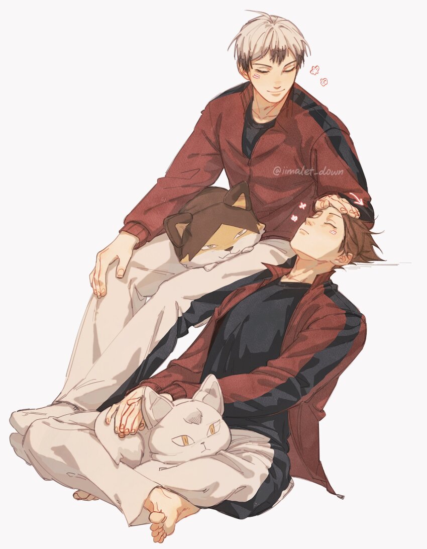 2boys :3 arrow_(symbol) barefoot black_hair blush brown_hair closed_eyes closed_mouth commentary english_commentary full_body grey_hair haikyuu!! hand_on_another&#039;s_head hand_on_own_knee highres indian_style jacket kita_shinsuke long_sleeves male_focus multicolored_hair multiple_boys on_lap pants simple_background sitting smile striped_clothes striped_jacket striped_pants stuffed_animal stuffed_toy suna_rintarou tel_(iimalet_down) twitter_username two-tone_hair vertical-striped_clothes vertical-striped_jacket vertical-striped_pants white_background yaoi