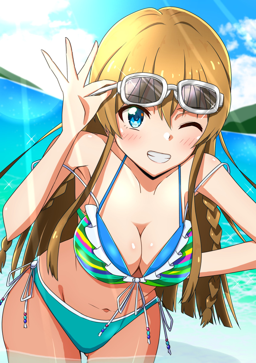 1girl absurdres aqua_eyes beach bikini blue_bikini blue_sky braid brown_hair cloud day eyewear_on_head front-tie_bikini_top front-tie_top grin highres idolmaster idolmaster_million_live! kousaka_umi leaning_forward long_hair mimiu_p mountainous_horizon multicolored_bikini ocean outdoors side-tie_bikini_bottom side_braid sky smile solo sunglasses swimsuit twin_braids