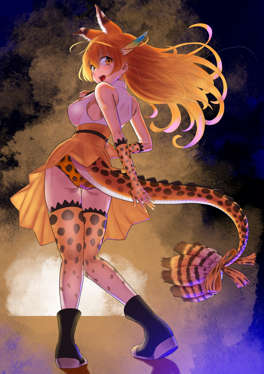 1girl absurdres aburaeoyaji alternate_costume animal_ear_fluff animal_ears animal_print arms_behind_back ass black_footwear blonde_hair boots bow bowtie breasts cat_ears dragon_girl dragon_horns dragon_tail extra_ears fingerless_gloves full_body gloves high-waist_skirt highres horns kemono_friends knees_together_feet_apart lace lace-trimmed_gloves lace-trimmed_legwear lace-trimmed_panties lace_trim large_breasts long_hair looking_at_viewer looking_back multicolored_horns open_mouth orange_eyes orange_skirt panties pantyshot print_bow print_bowtie print_gloves print_panties rainbow_horns scales serval_(kemono_friends) shirt skirt sleeveless sleeveless_shirt standing tail tail_bow tail_ornament tail_under_clothes thigh_gap thighhighs two-tone_bow two-tone_bowtie underwear white_shirt