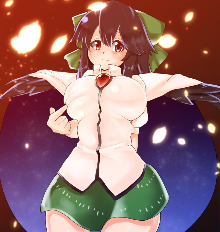 1girl black_hair black_wings blush bow breasts brown_background cape closed_mouth collared_shirt cowboy_shot embers feathered_wings green_bow green_skirt hair_bow highres large_breasts long_hair looking_at_viewer miniskirt print_cape red_eyes reiuji_utsuho shirt skirt smile solo starry_sky_print third_eye touhou two-sided_cape two-sided_fabric unimamo white_cape white_shirt wings