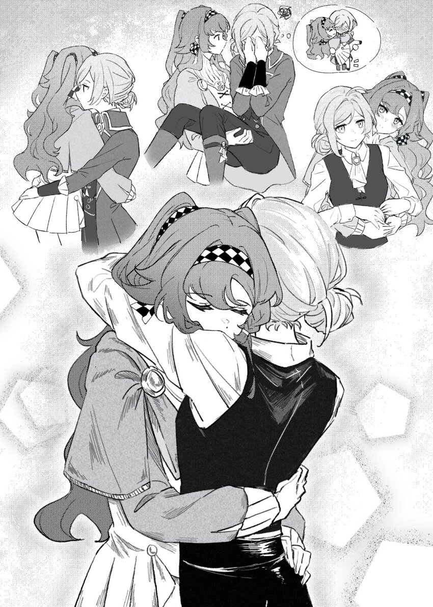 2girls 7nosuke ascot blush carrying checkered_hairband closed_eyes coat collared_shirt commentary covering_face dress english_commentary gloves greyscale hair_bun hairband highres hug hug_from_behind long_hair long_sleeves monochrome multiple_girls pants pleated_skirt princess_carry reverse:1999 shirt single_side_bun skirt smile sonetto_(reverse:1999) two_side_up vertin_(reverse:1999) very_long_hair yuri