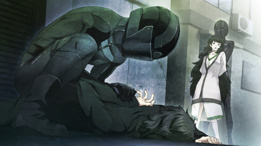 2015 akihabara_(tokyo) amane_yuki arm_behind_back at_knifepoint belt black_belt black_hair black_jacket blunt_bangs bodysuit breasts clothing_request collar collarbone covered_knees dress fingernails flat_chest game_cg gloves green_collar green_dress green_eyes green_hair green_trim grey_jacket height_difference held_down helmet highres hiyajou_maho holding_another&#039;s_wrist huke immobilization jacket jacket_over_dress judy_reyes kneehighs latex latex_bodysuit latex_gloves leather_belt long_hair long_sleeves looking_at_another looking_down lying medium_breasts messy_hair non-web_source official_art okabe_rintarou okabe_rintarou_(beta) on_stomach open_mouth outdoors restrained ringed_eyes shirt short_hair skin_tight socks spoilers squatting standing steins;gate steins;gate_0 thick_eyebrows thick_thighs thighs tongue very_long_hair white_socks