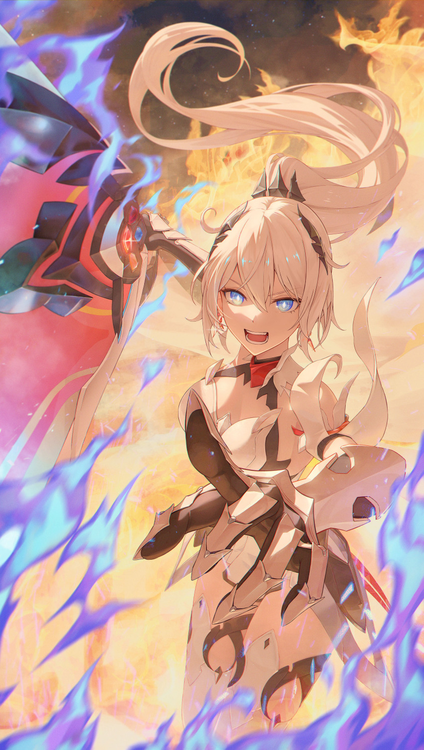 1girl absurdres armor armored_dress blue_eyes breasts bright_pupils commentary dress earrings gauntlets hair_ornament hashtag-only_commentary highres holding holding_sword holding_weapon honkai_(series) honkai_impact_3rd jewelry kiana_kaslana kiana_kaslana_(herrscher_of_flamescion) long_hair looking_at_viewer medium_breasts open_mouth ponytail solo sword thighs toroe02 weapon white_dress white_hair white_pupils