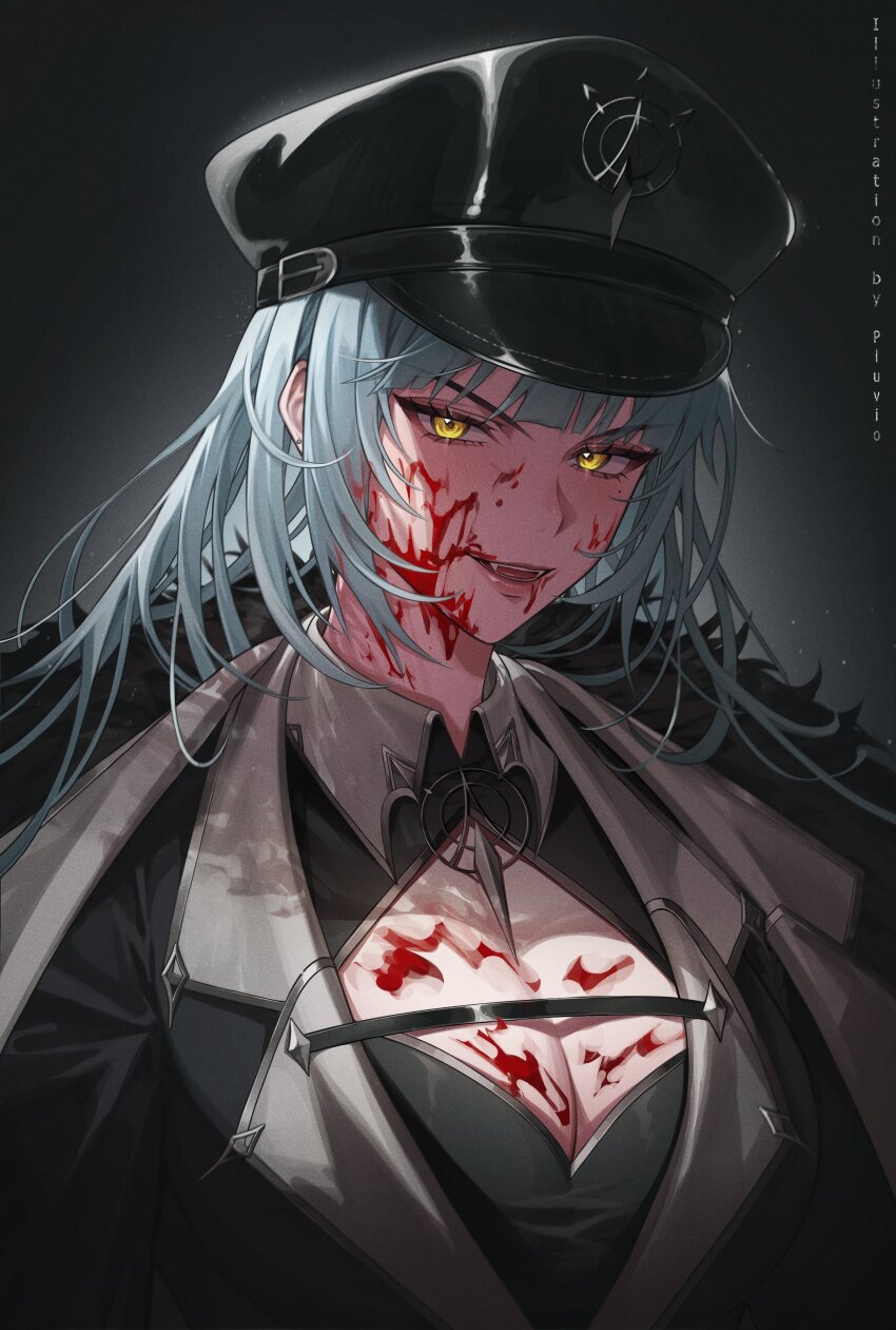 1girl absurdres artist_name black_coat black_hat blood blood_on_face blood_splatter blue_hair breasts chest_strap cleavage cleavage_cutout clothing_cutout coat collar commission eyelashes fangs fur-trimmed_coat fur_trim grey_collar hat highres indie_virtual_youtuber long_hair milkie_(vtuber) parted_lips peaked_cap pluvio solo upper_body virtual_youtuber yellow_eyes