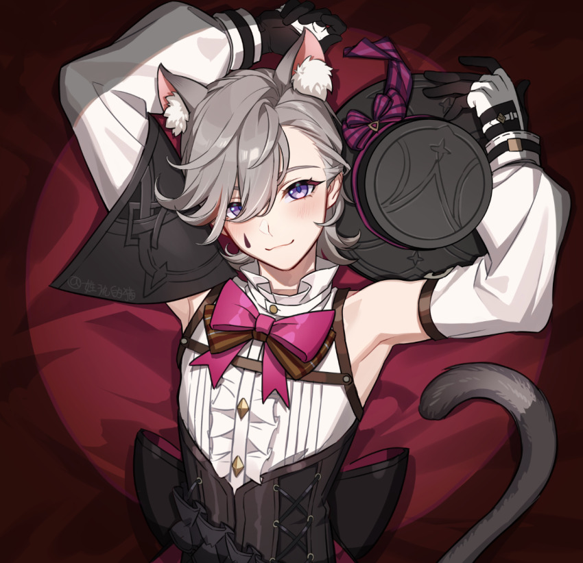 1boy animal_ear_fluff animal_ears asymmetrical_bangs back_bow black_corset black_gloves black_hat blonde_hair bow bowtie cat_boy cat_ears cat_tail corset detached_sleeves facial_mark genshin_impact gloves hat honlo lyney_(genshin_impact) male_focus multicolored_gloves pink_bow pink_bowtie purple_eyes smile solo tail top_hat unworn_hat unworn_headwear white_gloves white_sleeves