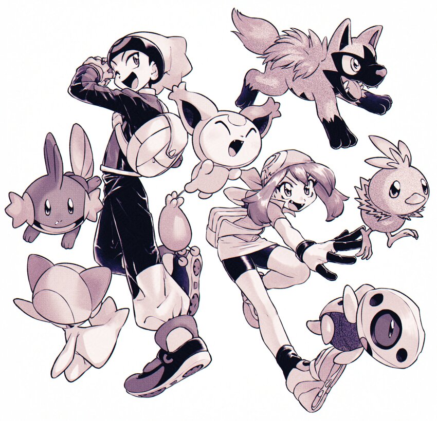 1boy 1girl :d ;d absurdres aron bag bandana brendan_(pokemon) fangs fanny_pack full_body funabara_(sksn_herb) game_freak gen_3_pokemon gloves hat highres may_(pokemon) mudkip nintendo one_eye_closed open_mouth pants pokemon pokemon_(creature) pokemon_adventures poochyena ralts shirt shoes shorts skitty smile torchic white_background