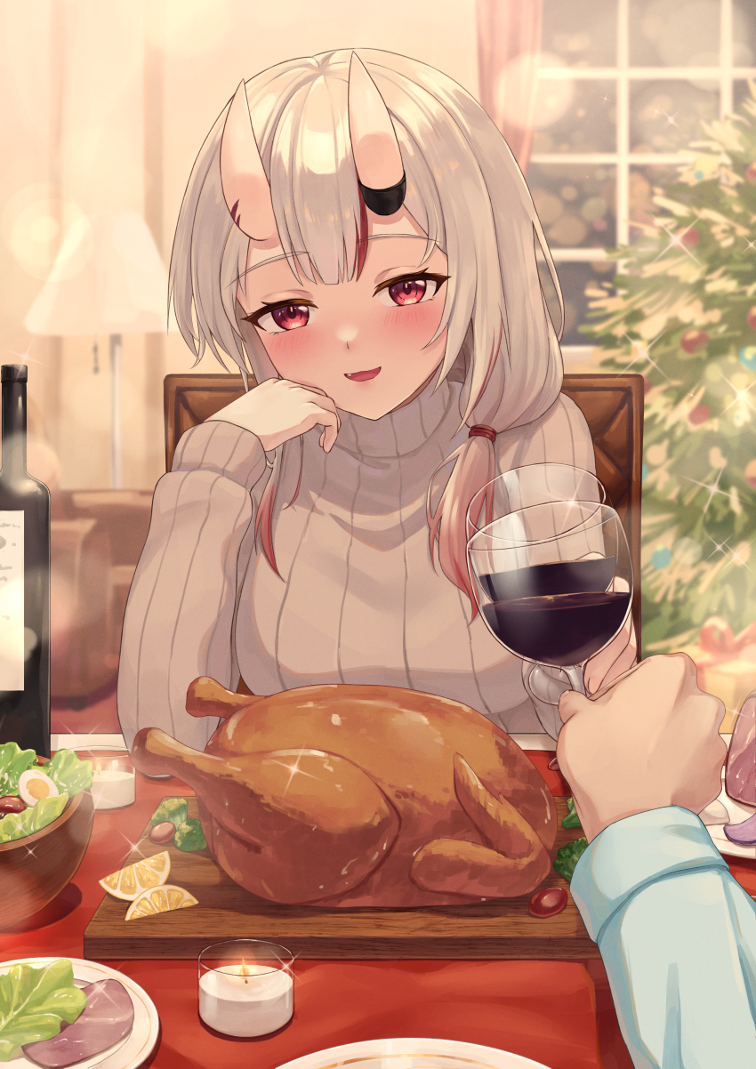 1girl 1other absurdres alcohol alternate_breast_size alternate_costume blurry blush bokeh bottle breasts candle center-flap_bangs christmas christmas_tree cup depth_of_field drinking_glass elbow_on_table fang food fruit gift gradient_hair grey_hair grey_sweater hair_over_shoulder ham hand_on_own_face head_rest highres hololive horns indoors lamp large_breasts leeshin0919 lemon lemon_slice lettuce long_hair long_sleeves looking_at_viewer multicolored_hair nakiri_ayame night oni open_mouth pov red_eyes red_hair red_streaks ribbed_sweater salad skin-covered_horns smile solo_focus streaked_hair sweater table toasting_(gesture) turkey_(food) turtleneck turtleneck_sweater upper_body virtual_youtuber window wine wine_bottle wine_glass