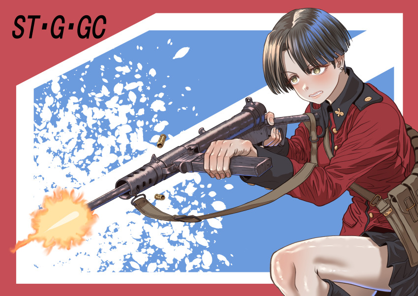 1girl absurdres black_boots black_hair black_skirt boots commentary earrings firing frown girls_und_panzer green_eyes grimace gun highres holding holding_gun holding_weapon jacket jewelry knee_boots long_sleeves looking_to_the_side military_uniform miniskirt on_one_knee outline pleated_skirt red_jacket red_outline shell_casing short_hair skirt solo st._gloriana&#039;s_military_uniform sten_gun stud_earrings tigern_(tigern28502735) vanilla_(girls_und_panzer) weapon