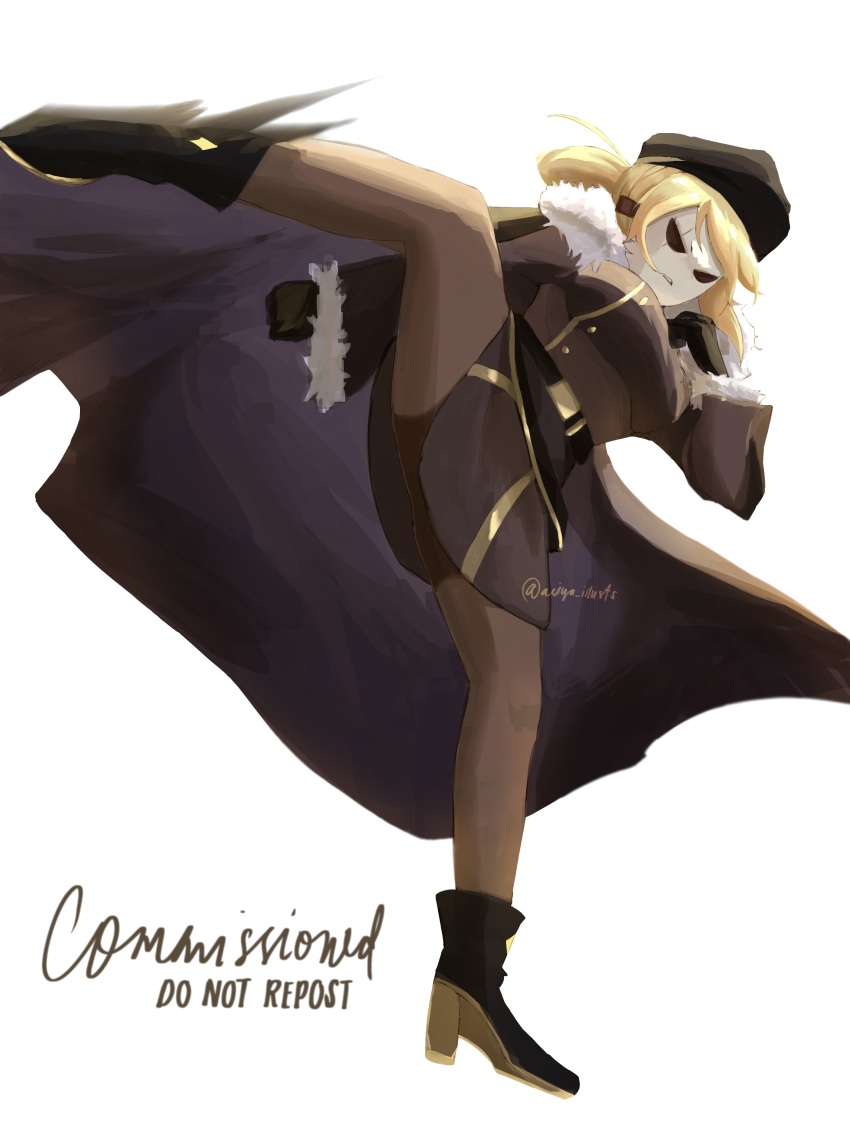 1girl 2022 absurdres artist_name asiya_illusts attack black_boots black_gloves black_jacket black_pantyhose blonde_hair boots borrowed_character breasts cape clenched_hands clenched_teeth commentary commission english_commentary floating_hair from_below fur-trimmed_jacket fur-trimmed_sleeves fur_trim gloves hair_over_one_eye hat highres jacket kicking large_breasts leg_up locket_white_(bakalorin) long_sleeves mario_(series) military_hat military_jacket motion_lines nintendo original pantyhose serious shy_gal signature simple_background standing standing_on_one_leg straight-on swept_bangs teeth thighs white_background white_mask yellow_trim
