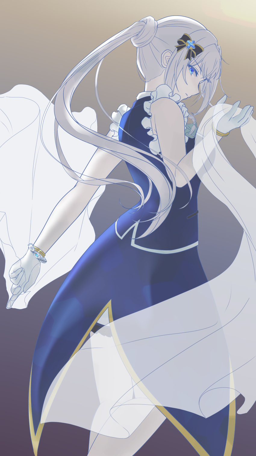 1girl absurdres blue_eyes cropped_legs hair_bun highres konzamurai long_hair looking_at_viewer magia_record:_mahou_shoujo_madoka_magica_gaiden magical_girl mahou_shoujo_madoka_magica ponytail short_sleeves single_hair_bun solo white_hair yakumo_mitama