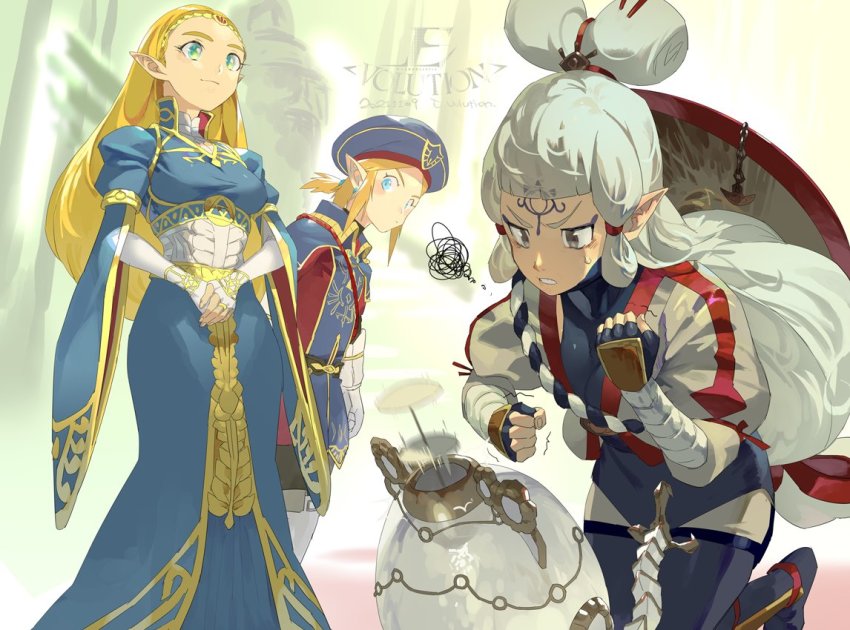 1boy 1other 2girls ajirogasa alternate_costume artist_name black_gloves blonde_hair blue_dress blue_eyes blue_headwear bow bridal_gauntlets closed_mouth dated dress e_volution ear_piercing elbow_gloves eye_symbol facial_mark fingerless_gloves forehead forehead_mark formal_clothes gloves green_eyes grey_eyes hair_bow hair_ornament hair_stick hat hat_on_back hyrule_warriors:_age_of_calamity impa japanese_clothes jewelry juliet_sleeves link long_hair long_sleeves looking_at_another looking_to_the_side low_tied_hair military military_uniform multiple_girls nintendo official_alternate_costume piercing pointy_ears ponytail princess_zelda puffy_sleeves red_bow red_shirt robot royal_guard_set_(zelda) sheikah shirt short_hair short_ponytail sidelocks signature smile sweatdrop tabard terrako the_legend_of_zelda the_legend_of_zelda:_breath_of_the_wild tiara unworn_headwear very_long_hair white_gloves white_hair wide_sleeves