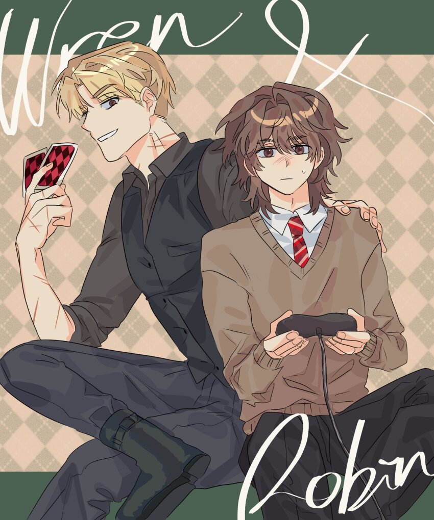 2boys argyle_background black_boots black_pants black_vest blonde_hair boots brown_background brown_eyes brown_hair brown_shirt brown_sweater card character_name collared_shirt controller degrees_of_lewdity game_controller grin hand_on_another&#039;s_shoulder highres holding holding_card holding_controller holding_game_controller lala1ara male_focus multiple_boys necktie pants red_necktie robin_(degrees_of_lewdity) robin_(male)_(degrees_of_lewdity) shirt short_hair sitting smile sweater vest white_shirt wren_(degrees_of_lewdity) wren_(male)_(degrees_of_lewdity)
