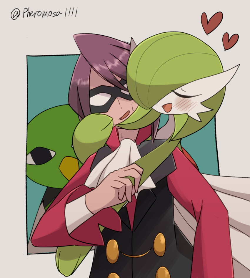 1boy 1girl a-nya artist_name ascot bird black_eyes black_vest blue_background blush bob_cut border buttons closed_eyes collared_shirt domino_mask gardevoir gen_2_pokemon gen_3_pokemon green_hair grey_border hair_over_one_eye hand_on_another&#039;s_cheek hand_on_another&#039;s_face hand_up happy heart hetero highres hug hug_from_behind interspecies layered_sleeves long_sleeves looking_at_viewer mask nervous nervous_smile nintendo one_eye_covered open_mouth outside_border pokemon pokemon_(creature) pokemon_hgss purple_hair red_shirt shirt short_hair sidelocks signature simple_background smile standing sweat twitter_username u_u upper_body vest white_ascot will_(pokemon) xatu