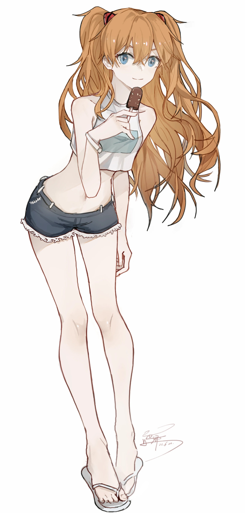 1girl absurdres bare_arms bare_legs bare_shoulders bracelet chinese_commentary collarbone commentary covered_collarbone crop_top dated denim denim_shorts flip-flops food full_body highres holding holding_food holding_ice_cream ice_cream ice_cream_bar interface_headset_(evangelion) jewelry knee_blush long_hair looking_at_viewer midriff navel neon_genesis_evangelion orange_hair sandals shirt short_shorts shorts signature sleeveless sleeveless_shirt smile solo souryuu_asuka_langley standing stomach thigh_gap two_side_up very_long_hair white_shirt white_shorts yisjhui