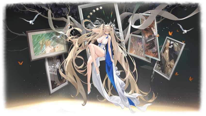 1girl absurdly_long_hair absurdres alternate_costume arm_behind_head arm_up azur_lane bare_shoulders bird blonde_hair blue_ribbon bow breasts bug butterfly cleavage closed_mouth cocktail_dress collarbone dove dress empty_picture_frame evening_gown floating floating_object flower formidable_(anniversary_memories)_(azur_lane) formidable_(azur_lane) hair_between_eyes hair_ornament halter_dress halterneck hand_in_own_hair hand_up high_heels highres holding huge_breasts illustrious_(azur_lane) implacable_(azur_lane) indomitable_(azur_lane) insect kincora knee_up knees_up large_breasts legs long_hair long_legs non-web_source official_alternate_costume official_art photo_(object) picture_frame portrait_(object) red_eyes ribbon sitting skindentation sleeveless sleeveless_dress star_(symbol) stiletto_heels strappy_heels thighs tree twintails two-sided_dress two-sided_fabric two-tone_cape unicorn_(azur_lane) very_long_hair victorious_(azur_lane) white_bird white_dress white_flower