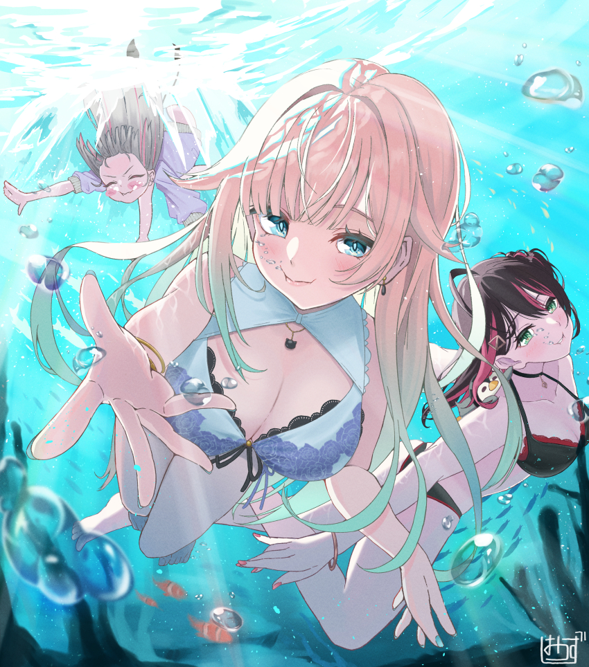 3girls absurdres air_bubble aizawa_ema aizawa_ema_(summer_c102) ass asumi_sena asumi_sena_(summer_c102) barefoot bikini bird black_bikini black_hair blonde_hair blue_bikini blue_eyes blue_hair blush bracelet breasts bubble cat_necklace cleavage closed_eyes earrings fish floral_print front-tie_bikini_top front-tie_top gradient_hair green_eyes grey_hair hair_intakes highres hizuki_yui holding_breath jacket jewelry lace lace-trimmed_bikini lace_trim large_breasts light_rays long_hair looking_at_viewer medium_breasts multicolored_hair multiple_girls mussan neo-porte penguin pink_hair pink_nails red_bikini shrug_(clothing) smile streaked_hair swimming swimsuit underwater very_long_hair virtual_youtuber vspo! white_jacket