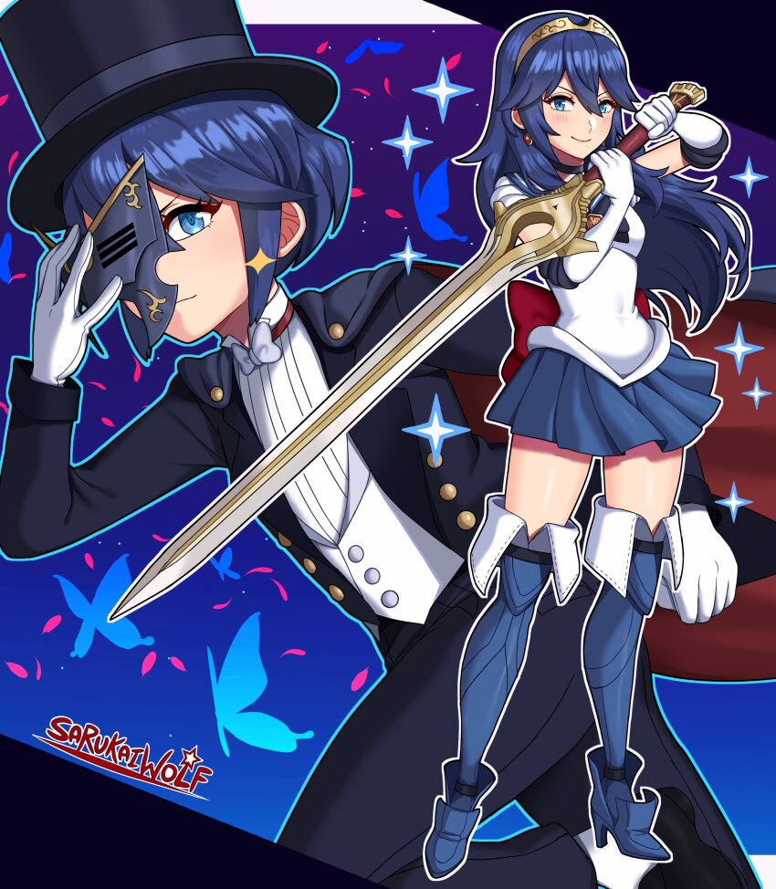 1girl absurdres artist_name back_bow bishoujo_senshi_sailor_moon black_cape black_hat black_panties blue_choker blue_eyes blue_hair blue_sailor_collar blue_skirt boots bow bug butterfly cape choker commentary cosplay earrings elbow_gloves english_commentary fire_emblem fire_emblem_awakening gloves half_updo hat highres holding holding_mask holding_sword holding_weapon insect jewelry long_hair long_sleeves looking_at_viewer lucina_(fire_emblem) marth_(fire_emblem_awakening) mask miniskirt multiple_views nintendo panties plaid_clothes plaid_skirt red_bow sailor_collar sailor_senshi sailor_senshi_uniform sarukaiwolf skirt sword tiara top_hat tuxedo tuxedo_kamen tuxedo_kamen_(cosplay) underwear unofficial_sailor_senshi_uniform vest weapon