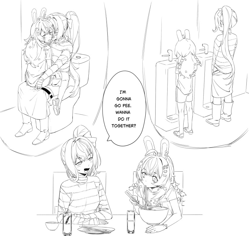 2girls agemmata ahoge animal_ears boots bow bowl braid chopsticks closed_mouth clothes_pull eating food greyscale hair_bow hair_ornament heart heart_hair_ornament highres holding holding_chopsticks kaminari_clara lineart long_hair long_sleeves looking_at_another monochrome multiple_girls noodles on_toilet open_mouth phase_connect pipkin_pippa plate rabbit_ears rabbit_hair_ornament ramen sandals shirt short_sleeves shorts shorts_pull side_ponytail sitting sitting_on_lap sitting_on_person skirt skirt_pull smile standing sweater toilet_use twin_braids urinal virtual_youtuber white_background