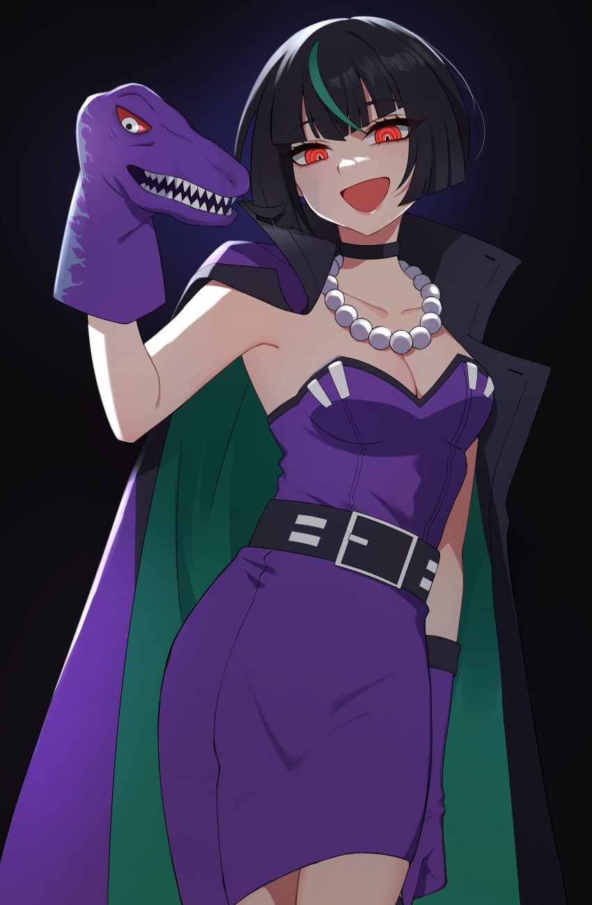 1girl absurdres beast_wars beast_wars:_transformers belt black_belt black_choker black_hair breasts cape choker cleavage dress genderswap genderswap_(mtf) gloves green_hair hand_puppet highres humanization idzuki_kenkyu-in medium_breasts megatron megatron_(beast_wars) multicolored_hair open_mouth puppet purple_cape purple_dress purple_gloves red_eyes single_glove smile solo strapless strapless_dress streaked_hair transformers