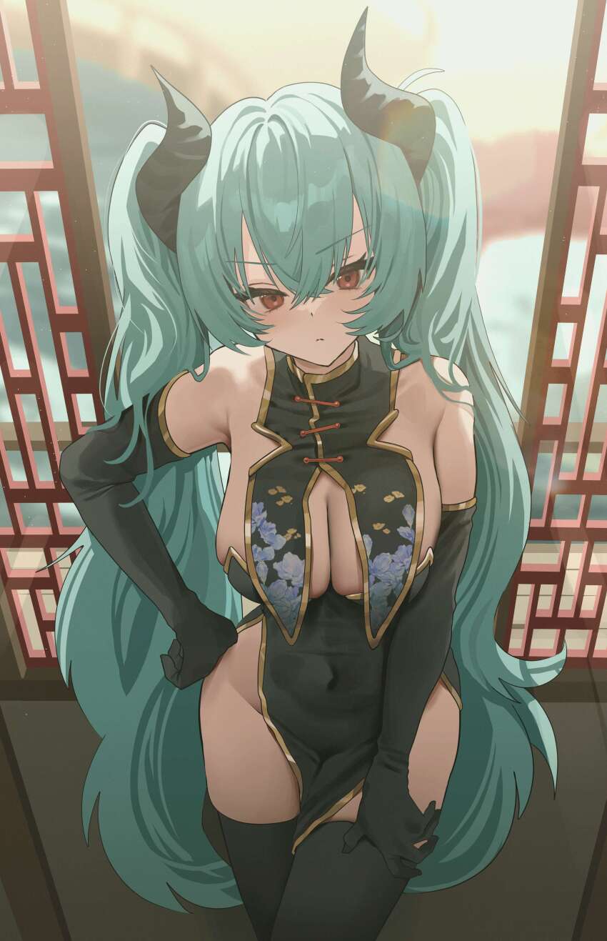 1girl absurdres black_gloves black_horns black_thighhighs breasts china_dress chinese_clothes commentary commission covered_navel demon_girl demon_horns dress elbow_gloves english_commentary gloves hair_between_eyes hand_on_own_hip hand_on_own_leg highres horns long_hair original pelvic_curtain red_eyes tachibana_wataru_(123tsuki) thighhighs tsurime twintails very_long_hair