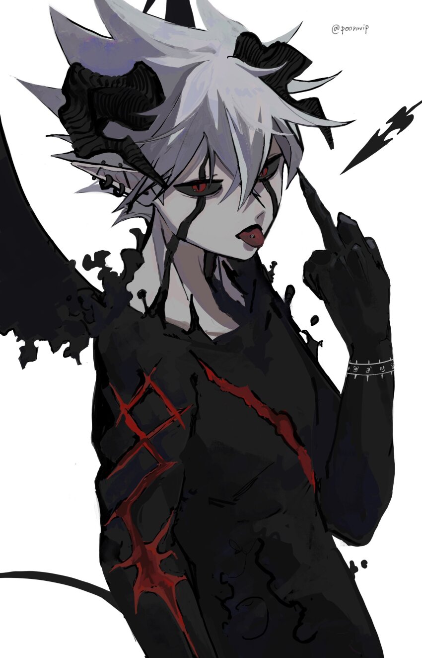 1boy absurdres barbell_piercing black_bodysuit black_clover black_sclera bodysuit colored_sclera colored_skin demon_boy demon_horns demon_tail demon_wings ear_piercing facial_mark grey_hair half-closed_eyes hand_up highres horns industrial_piercing liebe_(black_clover) long_pointy_ears male_focus mark_under_both_eyes middle_finger multiple_piercings open_mouth piercing pointy_ears poonwip red_eyes scar scar_on_chest short_hair simple_background slit_pupils solo spiked_hair tail tongue tongue_out upper_body white_background white_hair white_skin wings