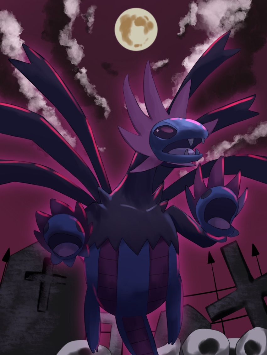 creatures_(company) dragon fangs full_body full_moon game_freak gen_5_pokemon grave highres hydreigon midair moon multiple_heads night nintendo no_humans pokemon pokemon_(creature) pokemon_focus redamber334 solo