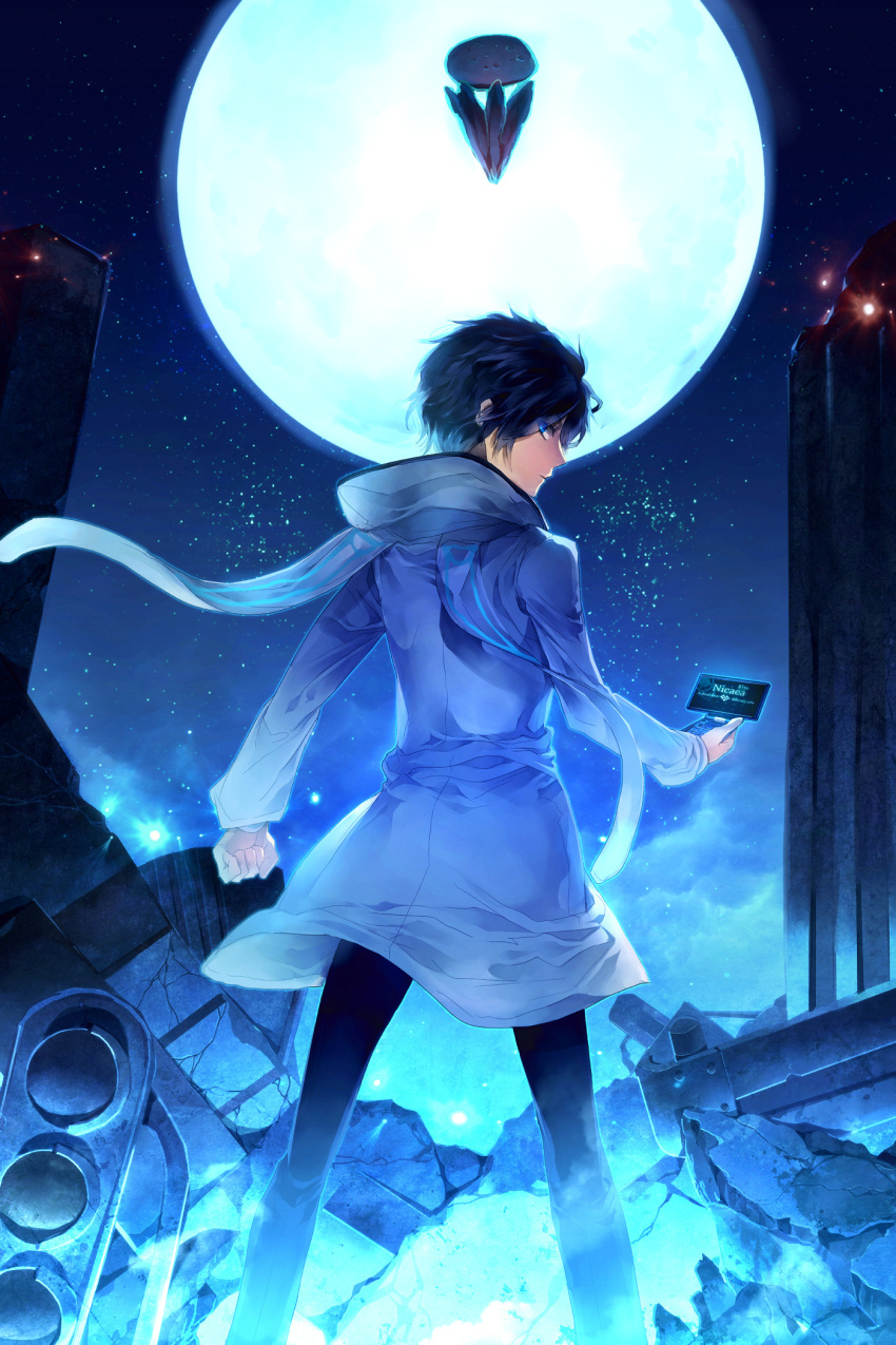 10s 1boy black_hair blue_eyes coat devil_survivor_(series) devil_survivor_2 full_moon highres kuze_hibiki looking_back male_focus moon night protagonist_(devil_survivor_2) ruins scarf shin_megami_tensei short_hair solo sunakumo