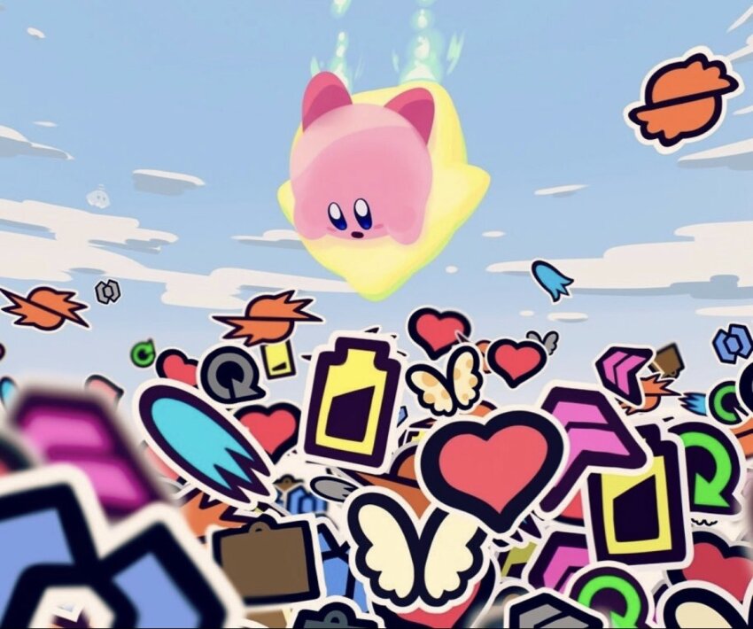 arrow_(symbol) battery blue_eyes blue_sky cameo cloud floating flying hataraku_ufo heart jobski kirby kirby_(series) kirby_air_ride nintendo no_humans open_mouth power-up sky solo_focus suyasuyabi ufo warp_star wings