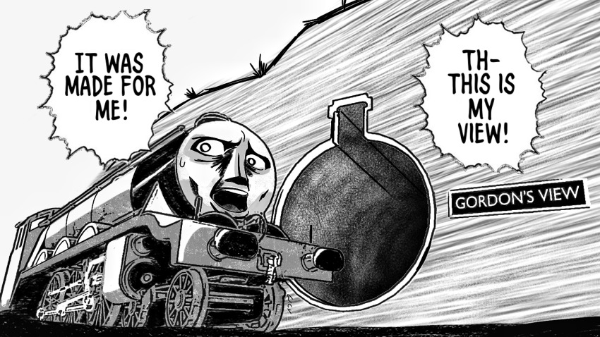 1boy commentary english_commentary english_text greyscale hole_in_wall locomotive male_focus monochrome parody right-to-left_comic solo steam_locomotive sweatdrop the_enigma_of_amigara_fault thomas_the_tank_engine thomas_the_tank_engine_(character) winwatch98
