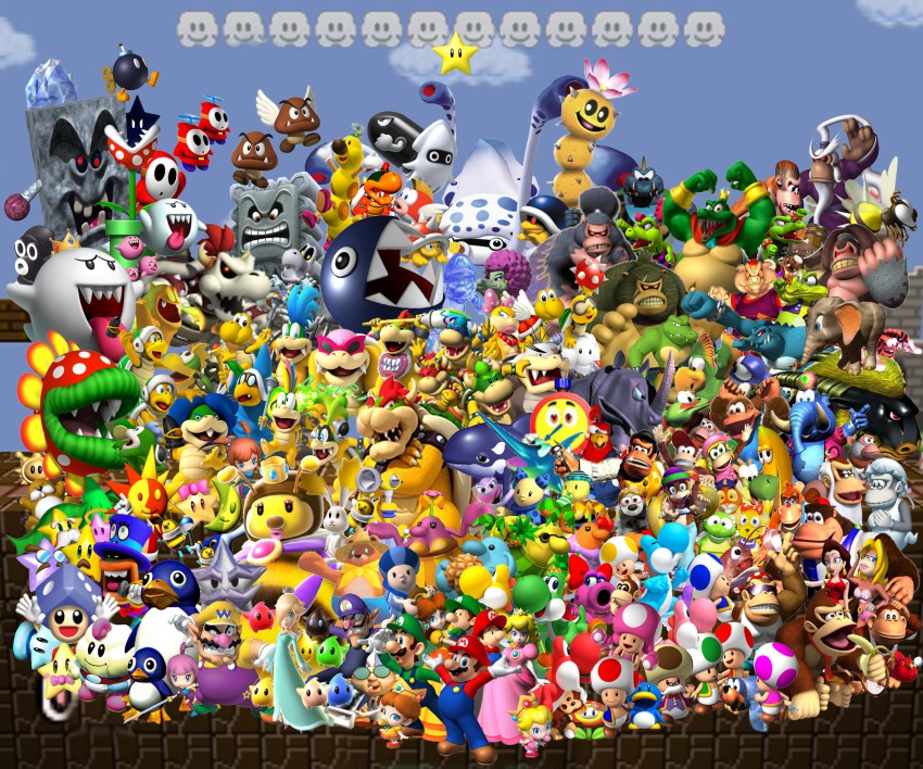3d 6+boys 6+girls absolutely_everyone ana_(warioware) baby_bowser baby_daisy baby_donkey_kong baby_luigi baby_mario baby_peach banana big_top bird birdo blonde_hair blooper_(mario) blue_dress bob-omb boo_(mario) bowser bowser_jr. brighton bullet_bill bumper buzzy_beetle candy_kong chain_chomp cheep_cheep chunky_kong clapper clenched_teeth cloud cranky_kong creature crossed_arms diddy_kong diddy_kong_racing dk:_jungle_climber donkey_kong donkey_kong_(series) donkey_kong_64 donkey_kong_barrel_blast donkey_kong_country donkey_kong_country_2 donkey_kong_country_3 donkey_kong_jr. donkey_kong_jungle_beat dread_kong dress drumstick_(donkey_kong) dry_bones dry_bowser eldstar ellie_(donkey_kong) enguarde everyone expresso f.l.u.d.d. facial_hair fire_flower flitter fly_guy food freezie fruit funky_kong ghost glimmer_(donkey_kong) gloves goomba gooper_blooper hammer_bro happy hat helper_monkey highres honey_queen_(mario) honeybee_(mario) hoofer iggy_koopa kalmar kalypso kamek karate_kong kass_(donkey_kong) kat_(warioware) king_boo kip_(donkey_kong) klevar kludge klump koopa_kid koopa_paratroopa koopa_troopa kritter krunch krusha lakitu lanky_kong larry_koopa lemmy_koopa long_sleeves looking_at_viewer ludwig_von_koopa luigi luigi&#039;s_mansion luma_(mario) magikoopa mallow_(mario) mamar manky_kong mario mario_(series) mario_bros. mario_kart mario_kart_ds mario_kart_wii mario_party mario_party_5 mario_party_6 mario_party_8 mario_super_sluggers mario_tennis mario_vs._donkey_kong mario_vs._donkey_kong_2:_march_of_the_minis mc_ballyhoo mecha-koopa millennium_star misstar monty_mole morton_koopa_jr. mother_penguin multiple_boys multiple_girls muskular mustache new_super_mario_bros. ninja_kong nintendo noki_(mario) open_mouth orco_(donkey_kong) outdoors paper_mario paper_mario_64 paragoomba pauline_(mario) penguin penguin_(mario) penguin_suit petey_piranha pianta pink_dress pipsy piranha_plant pokey_(mario) polari_(super_mario_galaxy) princess_daisy princess_peach professor_elvin_gadd puffy_short_sleeves puffy_sleeves raccoon_(mario) rambi rattly_the_rattlesnake red_boo rosalina roy_koopa shadow_mario sharp_teeth shine_sprite short_sleeves shy_guy skolar sky smile snifit spike_(mario) spiny spiny_egg squawks squitter standing star_bunny sumo_kong super_mario_64 super_mario_bros._1 super_mario_bros._2 super_mario_bros._3 super_mario_galaxy super_mario_galaxy_2 super_mario_land super_mario_rpg super_mario_sunshine super_mario_world super_mario_world_2:_yoshi&#039;s_island super_smash_bros. super_star_(mario) swanky_kong t.t._(donkey_kong) taj_the_genie teeth thwomp timber tiny_kong tiptup toad_(mario) toadette toadsworth tongue tongue_out tumble_(mario) tuxie twila_(mario) ukiki waluigi wario warioware warp_pipe wart_(mario) wendy_o._koopa whale white_gloves whomp wiggler winky wizpig wrinkly_kong xananab yoshi yoshi&#039;s_story zinger_(donkey_kong) ztar