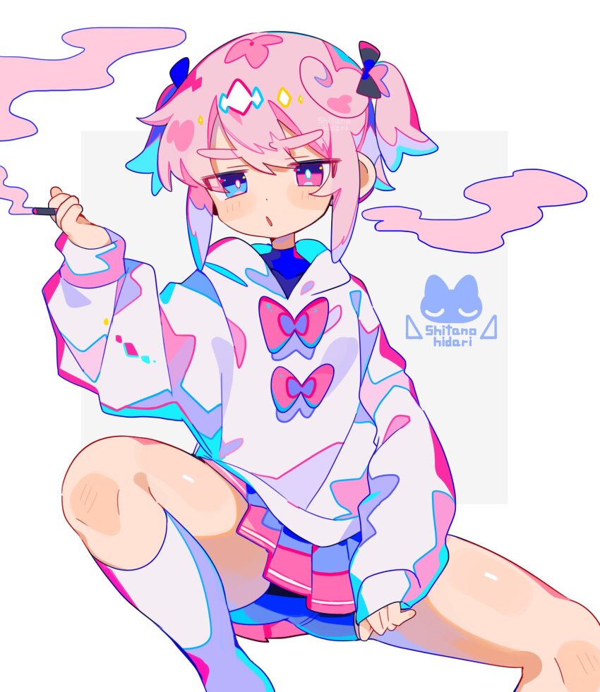 1boy artist_logo ass black_bow black_shirt black_shorts blue_eyes blush bow cigarette crossdressing crossdressing_(mtf) furrowed_brow hair_between_eyes hair_bow heterochromia highres holding holding_cigarette hood hood_down hoodie in_air kneehighs legs_apart logo long_sleeves looking_at_viewer male_focus midair open_mouth original pink_bow pink_eyes pink_hair pink_skirt pleated_skirt ponytail raito-kun_(uenomigi) shirt short_hair short_ponytail shorts shorts_under_skirt sidelocks simple_background sitting skirt smoke smoking socks solo spread_legs trap twintails uenomigi undershirt white_background white_hoodie white_socks white_stripe