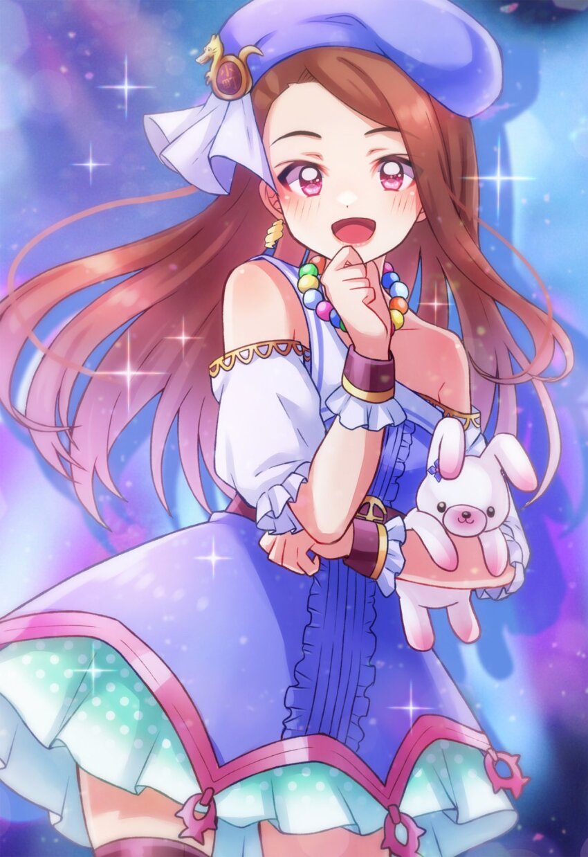1girl 81_(mellowry) bare_shoulders bead_necklace beads belt belt_buckle beret birthday blush brown_hair buckle commentary_request cowboy_shot dot_nose dress earrings frilled_dress frilled_wrist_cuffs frills hand_on_own_chin hand_up hat highres holding holding_stuffed_toy holding_toy idol idol_clothes idolmaster idolmaster_(classic) idolmaster_2 jewelry lipstick long_hair looking_at_viewer makeup minase_iori necklace off-shoulder_dress off_shoulder official_alternate_costume open_mouth purple_dress purple_hat red_eyes red_socks single_strap smile socks solo sparkle standing straight-on straight_hair stuffed_animal stuffed_rabbit stuffed_toy thighhighs tongue toy usa-chan_(idolmaster) wrist_cuffs