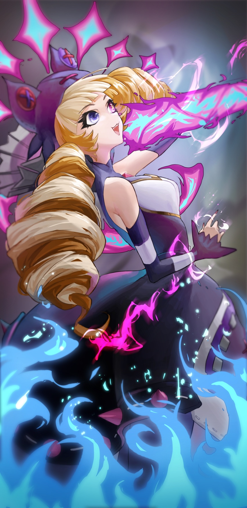 1girl :d absurdres animal_ears bare_shoulders black_dress blonde_hair blue_eyes brown_hair cat_ears detached_sleeves dress fake_animal_ears glowing gwen_(league_of_legends) heterochromia highres holding holding_scissors league_of_legends looking_up open_mouth oversized_object pink_eyes rayn87250715 scissors smile solo soul_fighter_gwen striped_sleeves teeth upper_teeth_only