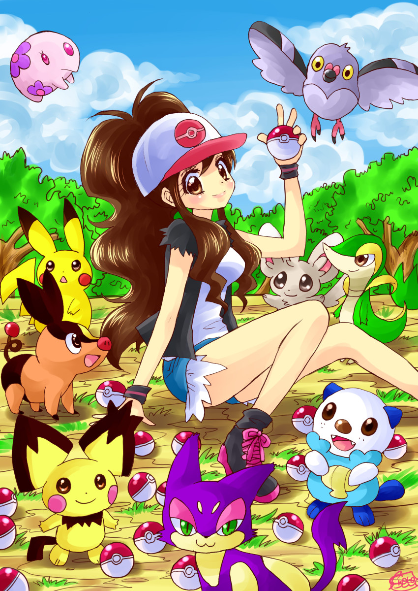 10s 1girl absurdres baseball_cap brown_hair day gen_1_pokemon gen_2_pokemon gen_5_pokemon hat highres hilda_(pokemon) holding holding_poke_ball long_hair minccino munna nintendo oshawott pichu pidove pikachu poke_ball pokemon pokemon_(creature) pokemon_bw purrloin shoko-tan shorts sitting sky smile snivy starter_pokemon_trio tepig wavy_hair wristband