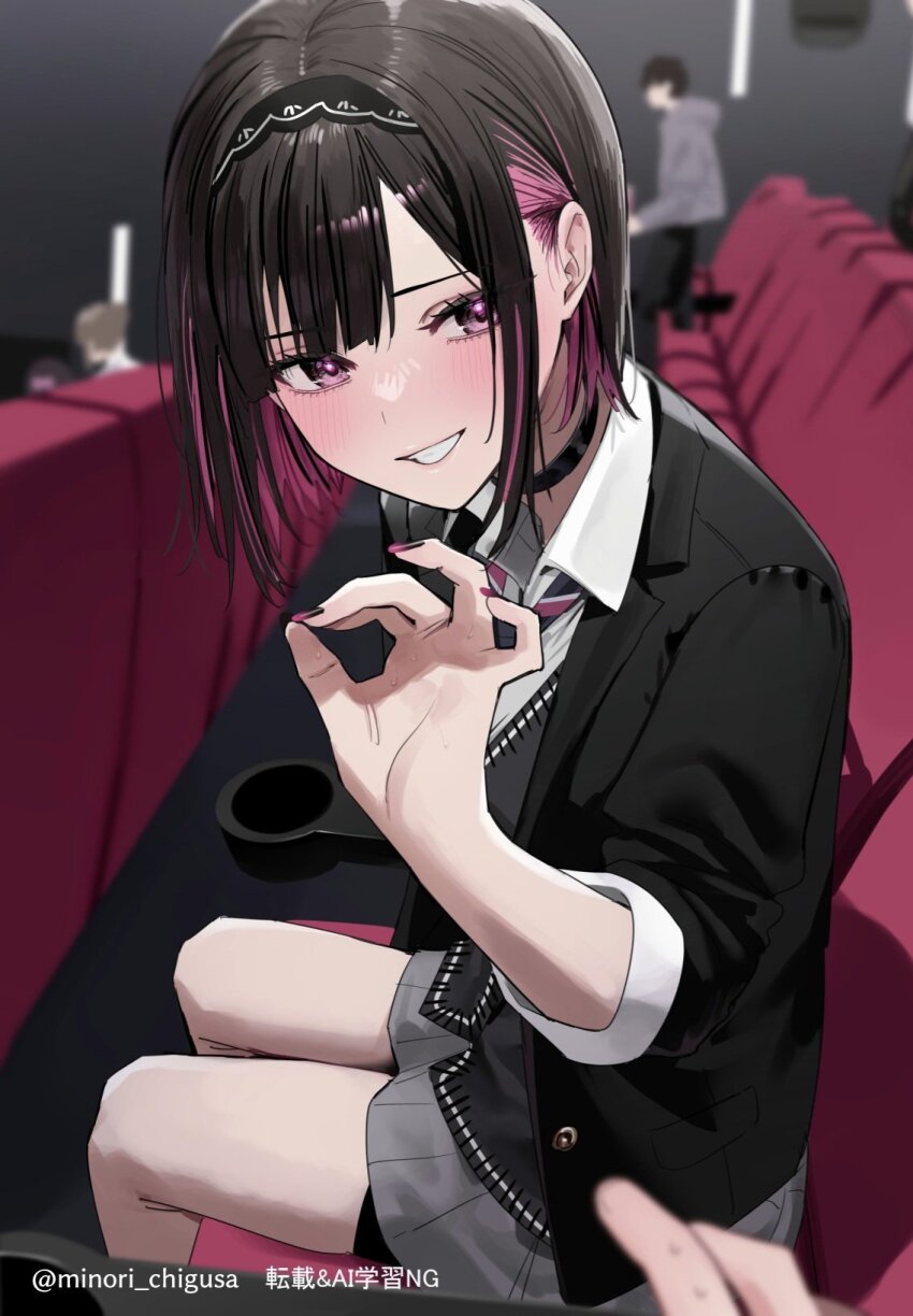 2girls bike_shorts_under_skirt black_cardigan black_choker black_hair black_hairband black_jacket black_nails black_shorts blush cardigan chigusa_minori choker clenched_teeth commentary_request female_pov gradient_nails grey_skirt hairband highres jacket looking_at_viewer movie_theater multiple_girls nail_polish ok_sign open_clothes open_jacket open_mouth people pink_eyes pink_hair pleated_skirt pov saotome_shino_(shino_to_ren) school_uniform shino_to_ren shirayuki_ren shorts skirt solo teeth twitter_username