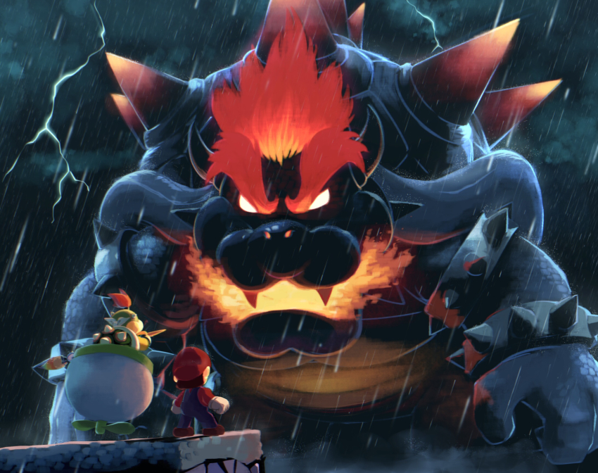 3boys bowser bowser_jr. breath_weapon breathing_fire derivative_work electricity fangs fire fury_bowser highres koopa_clown_car lightning looking_at_another mario mario_(series) multiple_boys nintendo overalls paintbrush rain red_hair red_headwear red_shirt shirt size_difference storm storm_cloud super_mario_3d_world super_mario_3d_world_+_bowser&#039;s_fury suyasuyabi white_eyes