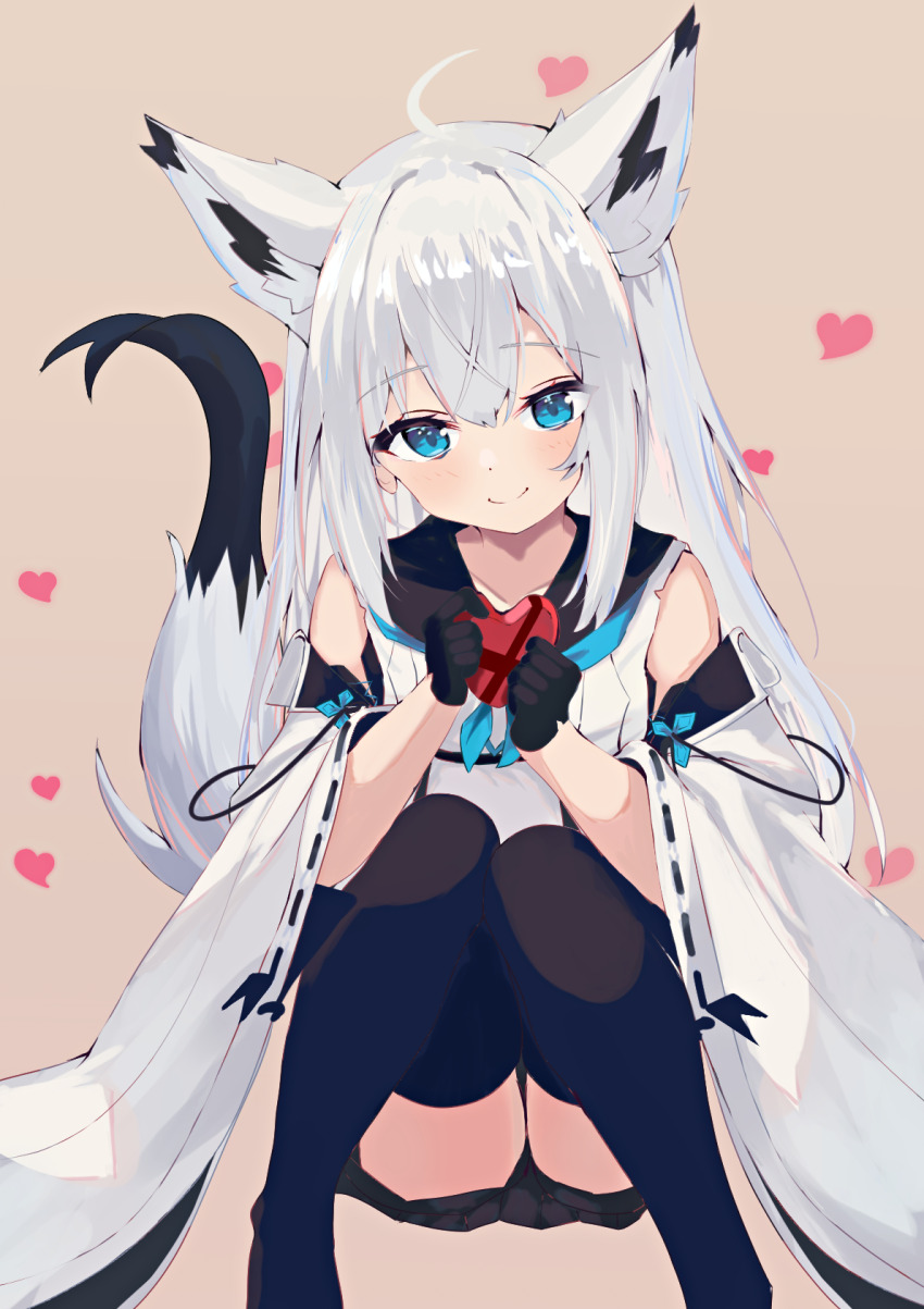 ahoge animal_ear_fluff animal_ears azur_lane black_gloves black_skirt black_thighhighs blue_eyes box chocolate detached_sleeves fox_ears fox_girl fox_tail gift gloves heart heart-shaped_box highres kawakaze_(azur_lane) long_hair looking_at_viewer natsuki_(natsu_1936) shirt skirt smile squatting tail thighhighs thighs valentine very_long_hair white_hair white_shirt white_sleeves