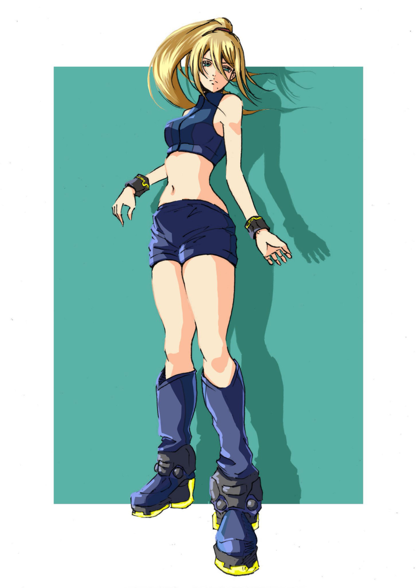 1girl armpits arms_at_sides bare_arms bare_shoulders blonde_hair blue_eyes blue_footwear blue_shirt blue_shorts boots bracelet breasts clenched_hands crop_top expressionless eyelashes female_focus full_body hair_between_eyes high_ponytail highres jewelry knee_boots large_breasts legs long_hair looking_at_viewer metroid midriff mole mole_under_mouth navel nintendo official_alternate_costume ponytail samus_aran shirt short_shorts shorts sidelocks standing super_smash_bros. swept_bangs thighs turtleneck_crop_top zinhass