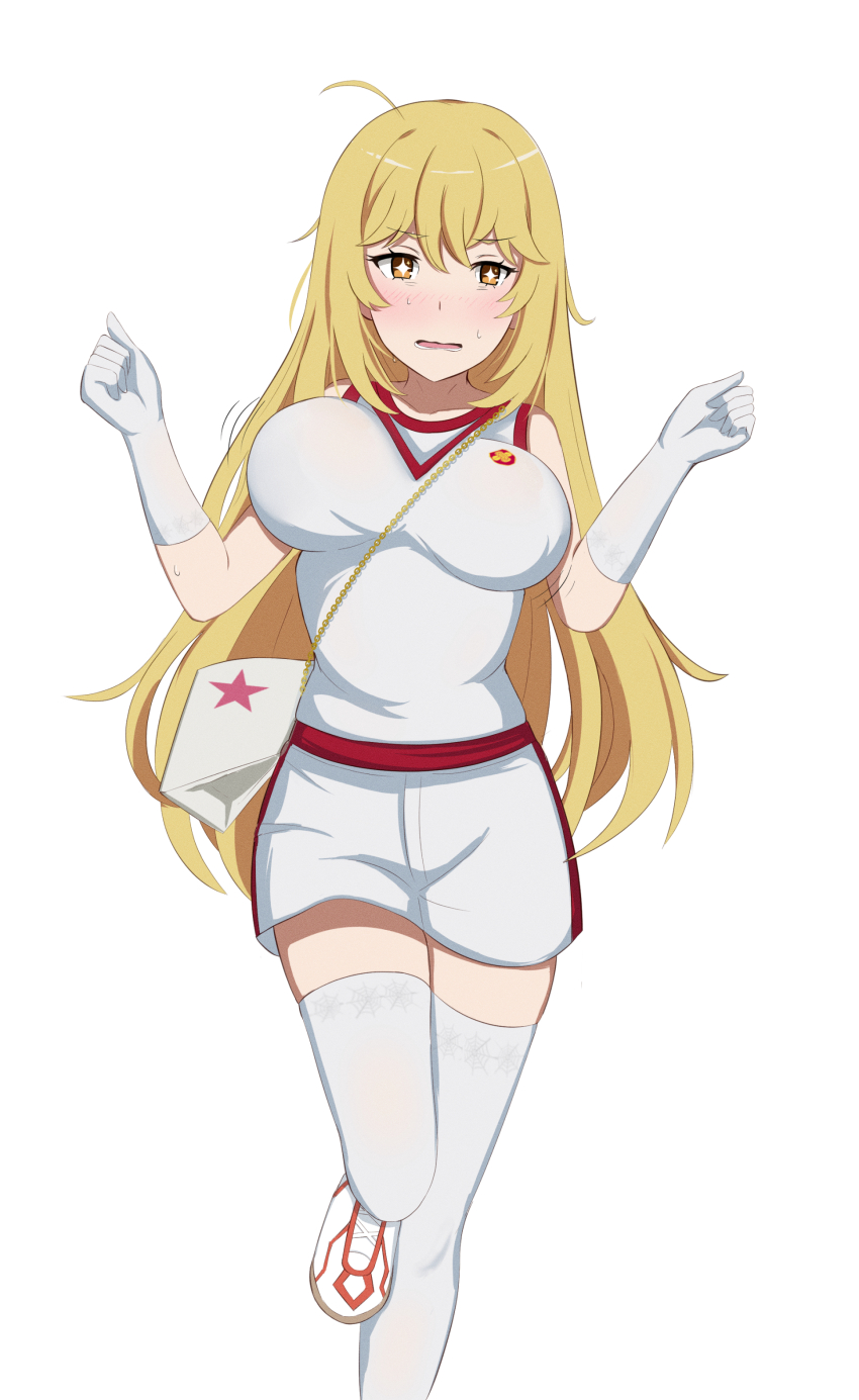1girl absurdres bag blonde_hair bouncing_breasts breasts commentary_request elbow_gloves exhausted gloves gym_shirt gym_shorts gym_uniform handbag hands_up highres large_breasts long_hair looking_at_viewer running school_emblem shirt shokuhou_misaki shorts skito solo sparkling_eyes spider_web_print standing standing_on_one_leg star_(symbol) star_print sweat symbol-shaped_pupils thighhighs toaru_kagaku_no_mental_out toaru_kagaku_no_railgun toaru_majutsu_no_index tokiwadai_school_gym_uniform white_background white_gloves white_thighhighs yellow_eyes