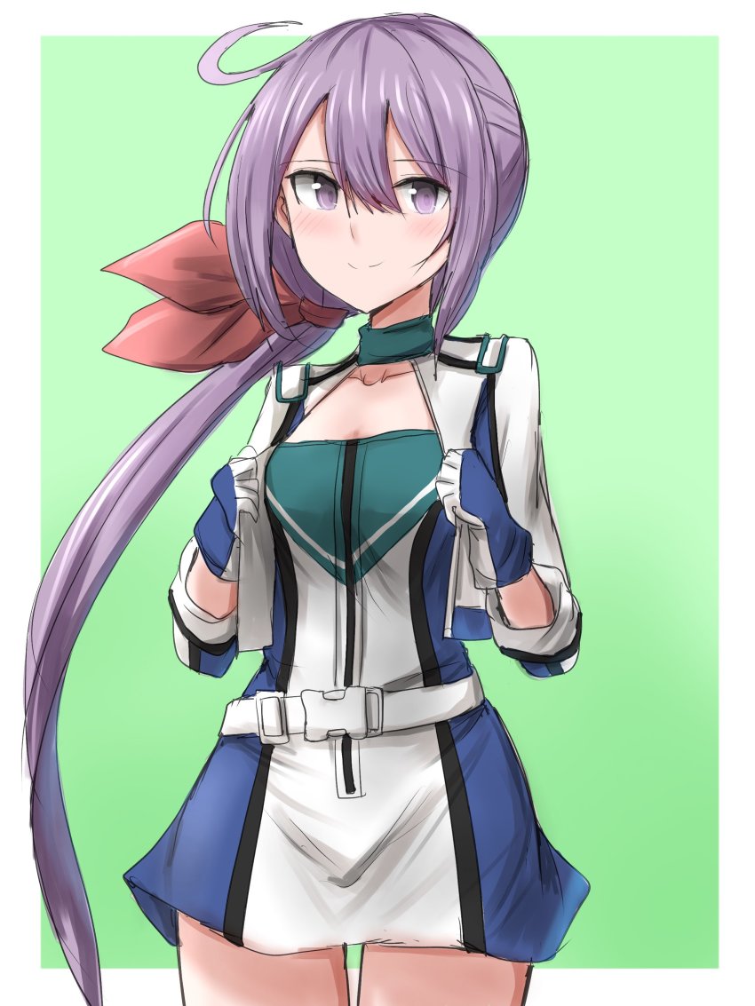 1girl absurdres akebono_(kancolle) akebono_(race_queen)_(kancolle) blue_gloves cowboy_shot dress fingerless_gloves flat_chest flower gloves green_background hair_flower hair_ornament highres jacket kamaboko_senshi kantai_collection long_hair official_alternate_costume purple_eyes purple_hair race_queen side_ponytail solo two-tone_dress very_long_hair white_jacket