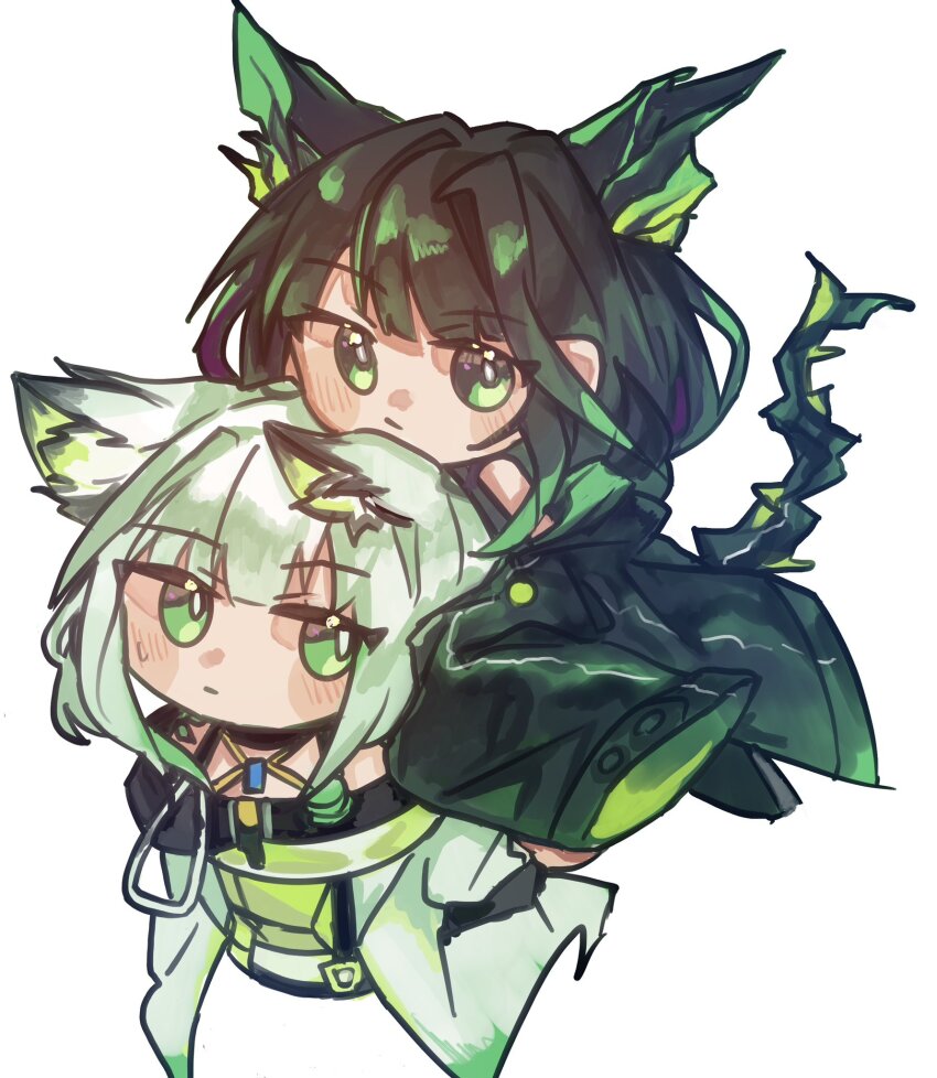 2girls animal_ear_fluff animal_ears arknights bare_shoulders black_coat black_hair black_tail blush_stickers bright_pupils chibi chibi_only closed_mouth coat commentary_request expressionless green_eyes green_hair heads_together highres kal&#039;tsit_(arknights) medium_hair mon3tr_(arknights) multiple_girls personification simple_background sokakaiyusalmon tail white_background white_pupils
